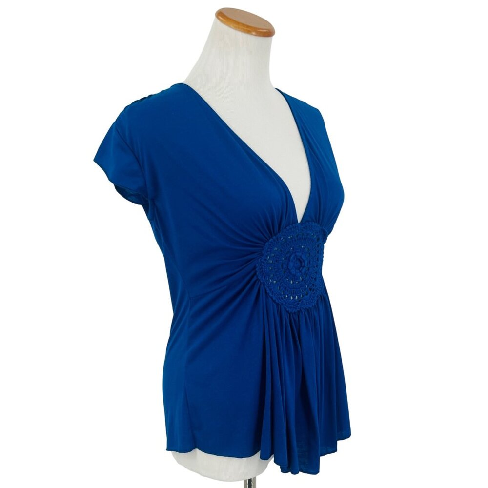 Y2K Royal Blue Deep V-Neck Crochet Accent Boho Top Cottagecore Soft Girl Casual - Picture 5 of 10